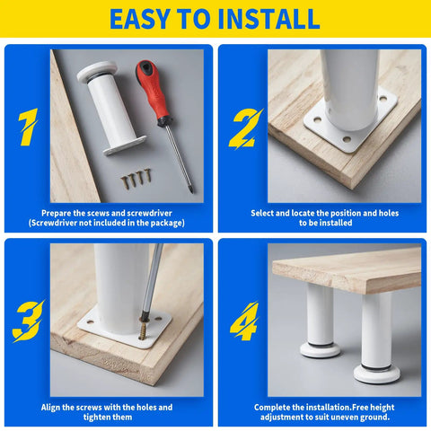Installation steps for Heavy Duty Adjustable Furniture Support Legs Set White Four Pack With Mounting Hardware Tough Steel.