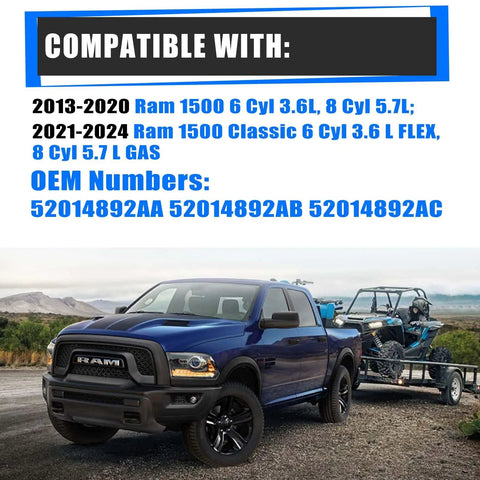 Premium Grade Three Way Heater Control Valve For 2013-2024 Ram 1500 3.6L 5.7L image showing compatibility specifications.
