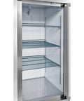 Interior view of Heavy Duty One Door Reach In Freezer Boasting Hella Roomy Twenty Three Cubic Foot Capacity With Rock Solid Stainless Steel Construction.