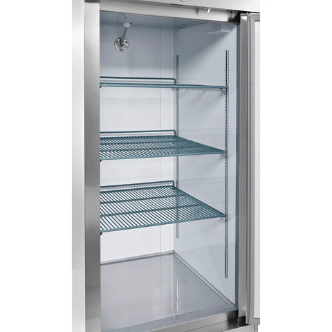 Interior view of Heavy Duty One Door Reach In Freezer Boasting Hella Roomy Twenty Three Cubic Foot Capacity With Rock Solid Stainless Steel Construction.