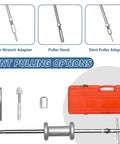 Nine-Way Slide Hammer Puller Set With Two-Jaw And Three-Jaw Options For Front-Wheel Bearings And Rear-Axle Hub Removal Dent Shaft Puller Tool Kit Wheel Bearing Extraction Made Easy For Auto Techs, shown with red case and dent pulling adapters.