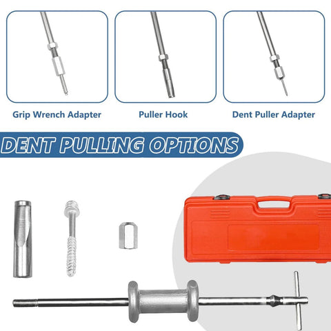 Nine-Way Slide Hammer Puller Set With Two-Jaw And Three-Jaw Options For Front-Wheel Bearings And Rear-Axle Hub Removal Dent Shaft Puller Tool Kit Wheel Bearing Extraction Made Easy For Auto Techs, shown with red case and dent pulling adapters.