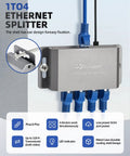 4 Port Gigabit Ethernet Splitter Powered Network Switch With Wall Mount Ears, connected with blue cables, for home and office use
