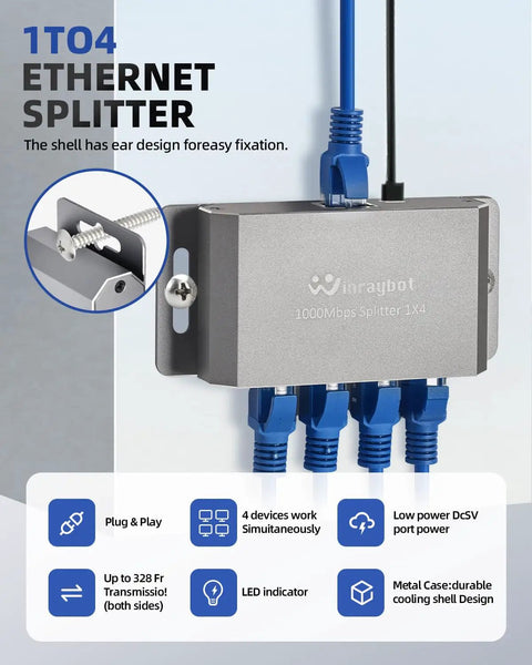 4 Port Gigabit Ethernet Splitter Powered Network Switch With Wall Mount Ears, connected with blue cables, for home and office use