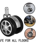 Five Pack Heavy Duty Office Chair Wheel Replacement Silent Swivel Polyurethane Casters on floor, showing glide and design.