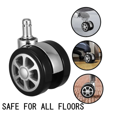 Five Pack Heavy Duty Office Chair Wheel Replacement Silent Swivel Polyurethane Casters on floor, showing glide and design.