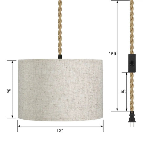 Two Pack Plug In Pendant Light Dope Boho Hanging Lamp With 15 Foot Hemp Rope Cord And Natural Linen Shade Swag Light For Bedroom Living Room Dining Room Adjustable Height Easy To Install