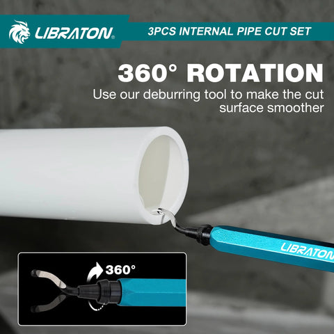 Libraton internal PVC pipe cutter set; blue handle with deburring tool, 360° rotation.