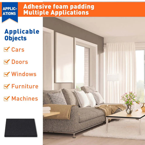 Self Adhesive Foam Padding Set 4x4 Inch Neoprene Closed Cell Sheets One Quarter Inch Thick displayed in a home application infographic