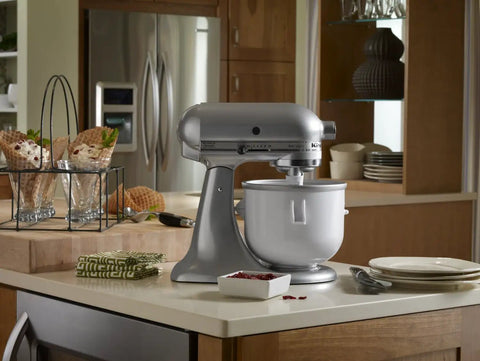 Stand Mixer Ice Cream Maker Attachment Makes Up To 2 Quarts Of Ice Cream Gelato Or Sorbet In 20 To 30 Minutes With A Dasher That Scrapes And Mixes Thoroughly Fits Stand Mixers 4 Quart And Larger Works With 5 To 6 Quart Models Easy To Clean in kitchen