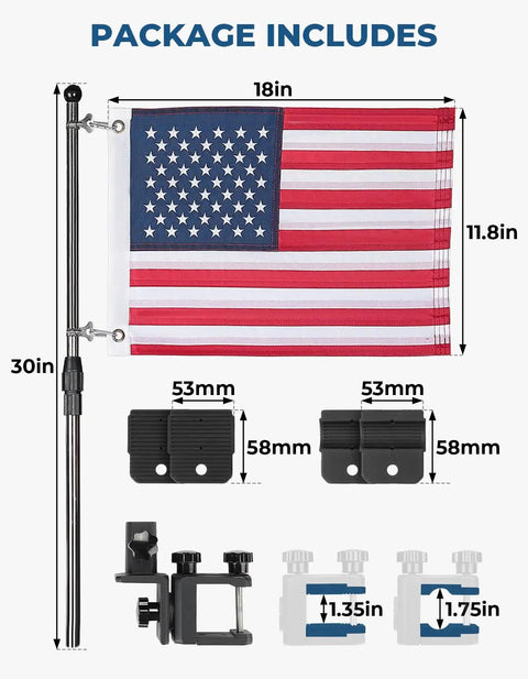 Built Tough Aluminum American Flag Pole Kit With 360 Degree Swivel Mount, 18x11.8 inch USA flag and mounting hardware.