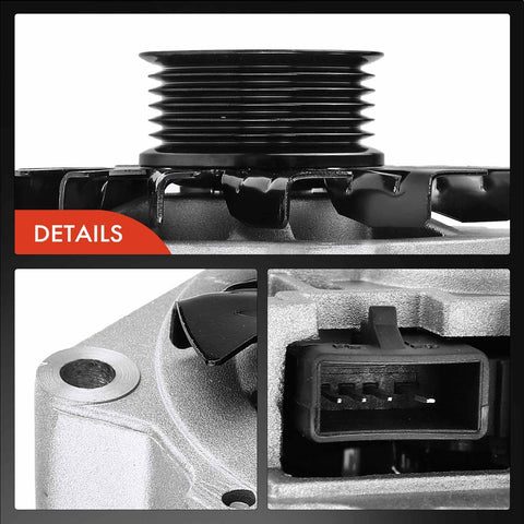 Close-up of 12V 105Amp Alternator For Jeep Cherokee Wagoneer Comanche 1987 To 1990 L6 4.0L With Clockwise 6 Groove Pulley New Replacement Part