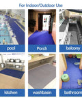 Collage of various areas using Drainage Non Slip Floor Mat 3x10 Ft Heavy Duty PVC Mesh Drainage Rug, including pool and kitchen.