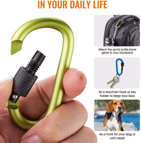 Close-up of green aluminum 10 Pack D Shape Carabiner Clips With Screw Gate 7.5mm Diameter for backpack and keychain use