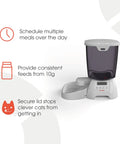 Automatic Pet Feeder With Programmable Digital Timer And Spacious Dry Food Dispenser For Cats And Dogs Schedule Three Hassle Free Portions Daily, showing meal scheduling features and secure lid.