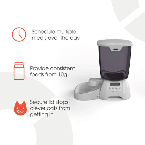 Automatic Pet Feeder With Programmable Digital Timer And Spacious Dry Food Dispenser For Cats And Dogs Schedule Three Hassle Free Portions Daily, showing meal scheduling features and secure lid.
