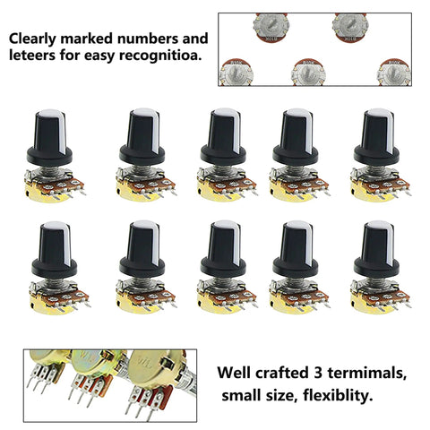 Must Have Potentiometer Kit 45 Piece Set With 1K 5K 10K 20K 50K 100K 250K 500K 1M Ohm B Type Linear Pots 15mm Shaft 3 Pin Variable Resistors