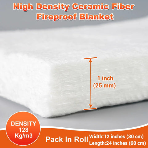 Ceramic fiber blanket, high-temp insulation, 24x12 in, 1 in thick, density 128 kg/m3