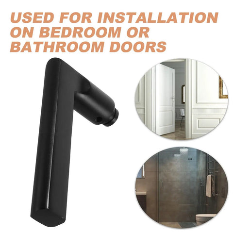 Black Aluminum Door Handle Replacement for Bedroom, Bathroom, and Toilet Doors shown with installation examples