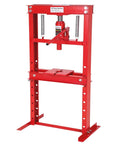 No Nonsense Heavy Duty Manual Hydraulic H Shape Shop Press 12 Ton with red steel frame and adjustable workbed for auto repair.