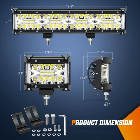 Dimensions of Side Shooter LED Light Bar Set 12 Inch Triple Row Spot Flood Combo Lights with 4.3 Inch Pods