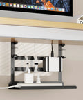 Under Desk Cable Management Tray With No Drill Clamp Mount installed under a desk holding cables and power strips, ideal for home office use.