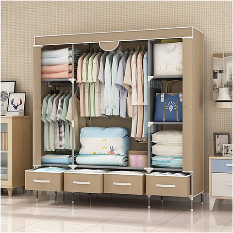 Kickass Portable Folding Wardrobe Closet Nonwoven Fabric Dust Proof Storage Cabinet with hanging shelves and compartments.