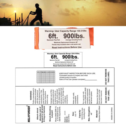 6 Foot Internal Shock Absorbing Restraint Lanyard With Double Forging Snap Hook Connectors Built Tough Worksite Ready For Fall Protection ANSI Z359.13-2013 Compliant Three Pack Kit label and warning details close-up