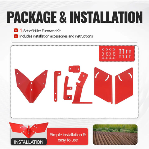 Hiller Furrower Kit installation set with red steel parts for rear tine tiller, adjustable wing, compatible with various tillers