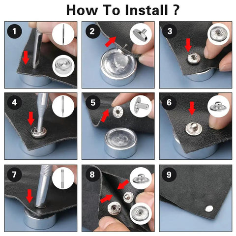 Step-by-step installation of 120 Sets Snap Fasteners Kit With 10mm Metal Snaps, Rubber Hammer, And 4 Setting Tools In 6 Colors.