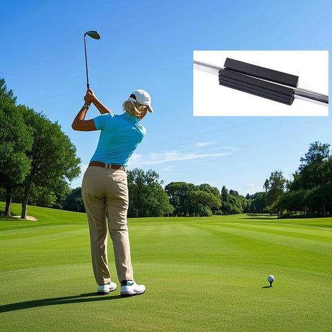 Golfer swinging club inset with Golf Club Grip Replacement Tool With Rubber Vise Clamp For Easy Grip Install And Regripping, Protects Shaft