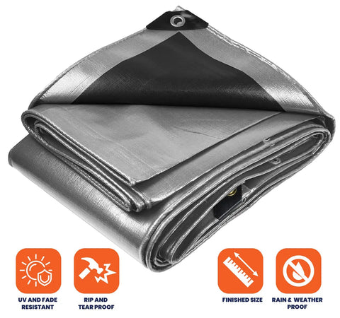 Folded Extra Heavy Duty 14 Mil Tarp Cover Tough As Nails Waterproof And UV Resistant Rip Proof Poly Tarpaulin Silver and Black