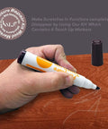 Hand using marker from 13 Piece Wood Stain and Scratch Repair Kit for Furniture With Markers and Wax Sticks Quick Fix for Scratches on wood.