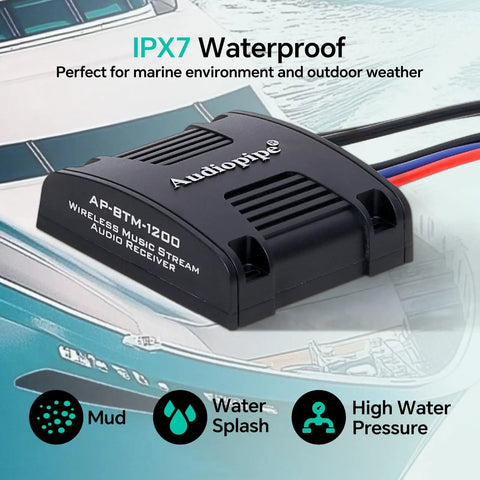 Marine Bluetooth Audio Receiver For Any Amp With RCA Outputs And 5.0 Tech Durable Water Resistant Build on boat surface