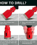 Diamond hole saw kit, 14-piece red diamond-core bits for ceramic/porcelain tile; sizes 6-100 mm (front and side views).