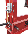 Close-up of Heavy Duty 50 Ton Air Hydraulic Shop Press With Auto Pump Motor, showing mechanical components and offset head.