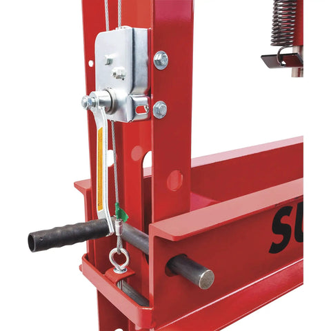 Close-up of Heavy Duty 50 Ton Air Hydraulic Shop Press With Auto Pump Motor, showing mechanical components and offset head.
