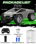 Package contents of All Terrain RC Car With 720P HD FPV Camera And LED Lights including truck, controller, batteries, and manual.