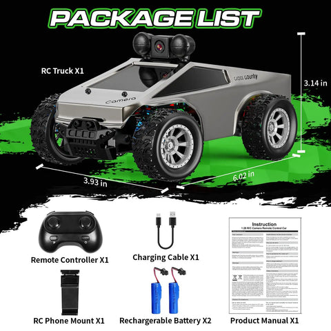 Package contents of All Terrain RC Car With 720P HD FPV Camera And LED Lights including truck, controller, batteries, and manual.