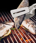 Multifunction 11 Inch Premium Stainless Steel Tongs 3 In 1 Gripper Flip And Scraper cooking fish on grill