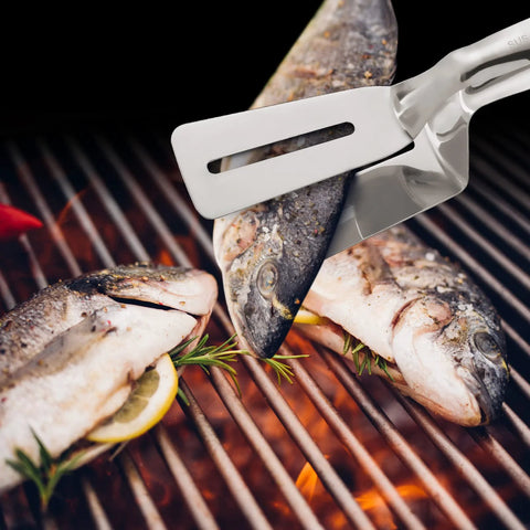 Multifunction 11 Inch Premium Stainless Steel Tongs 3 In 1 Gripper Flip And Scraper cooking fish on grill