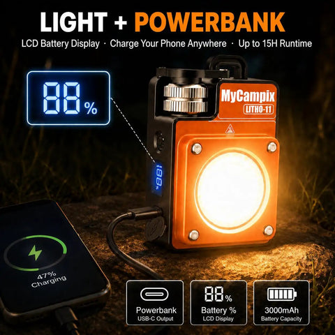 Portable Camping Light 3500LM LED Lantern Rechargeable With 2.5 To 15 Hour Runtime USB C Power Adjustable Brightness Alloy Waterproof Camp Light For Power Outages Emergency Hurricane 2 Pack Orange showing battery and phone charging.