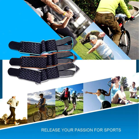 Blue Ankle Brace For Sprained Ankles And Sports, Adjustable Compression Support, shown with active individuals cycling and exercising.