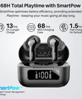 Hybrid Active Noise Cancelling Wireless Earbuds With Six Microphones For Crystal Clear Calls, LED display showing 100% battery