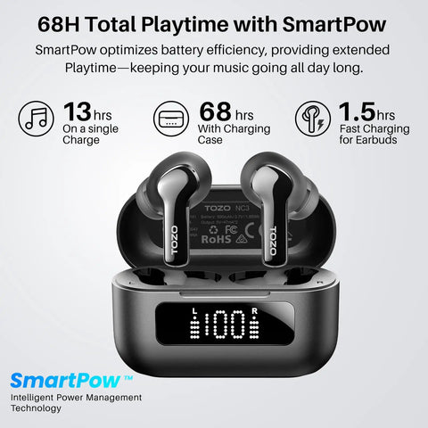 Hybrid Active Noise Cancelling Wireless Earbuds With Six Microphones For Crystal Clear Calls, LED display showing 100% battery