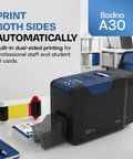 Dual Sided ID Card Printer With Complete Supplies Kit And Silver Edition Software Drops Knockout One Pass Prints At 300 DPI, black and blue with ID cards.