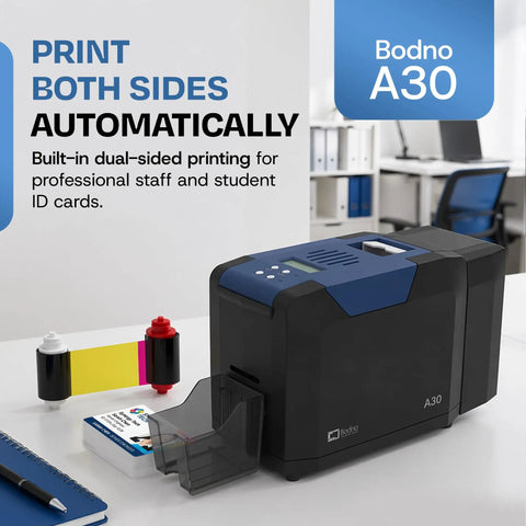 Dual Sided ID Card Printer With Complete Supplies Kit And Silver Edition Software Drops Knockout One Pass Prints At 300 DPI, black and blue with ID cards.
