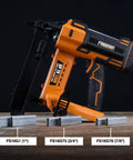 Hardcore 20V Cordless Fencing Stapler Kit Bundled With 16 Gauge 1 Inch Staples laid on a wooden surface with multiple staples.