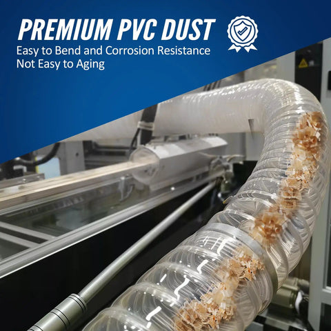 Heavy PVC 4 Inch By 50 Foot Clear Dust Collection Hose With Flexible Debris And Fume Flow in use at workshop machine