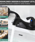 Two Handle Matte Black Bathroom Sink Faucet With Metal Drain Assembly And Supply Hose Lead Free cUPC NSF 61 Certified 4 Inch Centerset